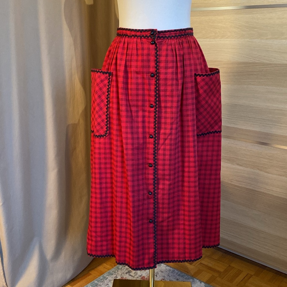 Red Check Maxi Skirt with Front Buttons